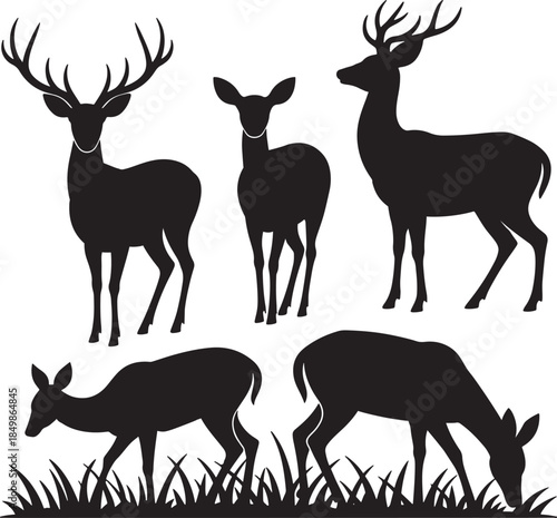 Set of black deer silhouettes featuring wild forest animals like reindeer, elk, and stags with antlers in a nature-themed vector illustration for wildlife hunting or Christmas icons