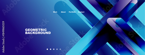 Modern website header design. Blue geometric shapes overlap, text displays geometric background. Navigation links present. Minimalist aesthetic.