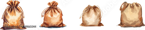 Brown fabric bag hand painted set with watercolors clipart isolated on a white background.