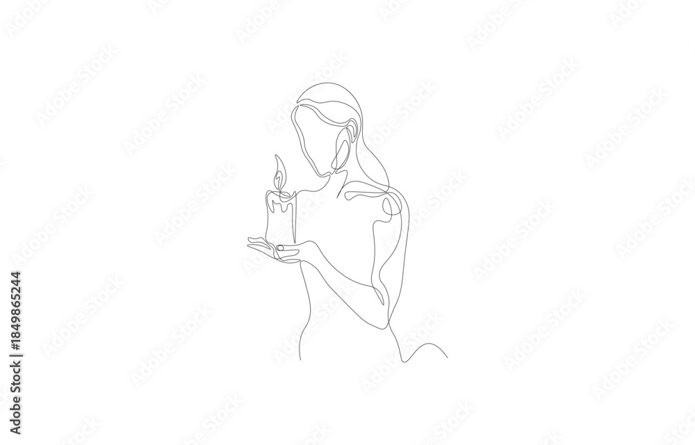 Obraz premium Woman Holding Memory Candle One Line Art – Continuous Single Line Drawing of Hope, Family and Home Vector Illustration