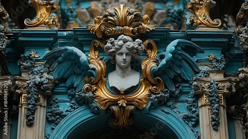 Ornate Baroque Architectural Detail Bust Gold Teal.