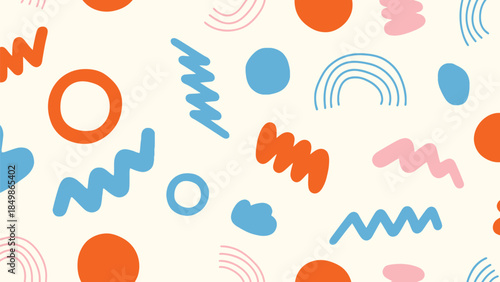 Playful and modern flat vector seamless pattern with abstract geometric shapes in vibrant colors, perfect for textile design, wallpaper, or branding backgrounds