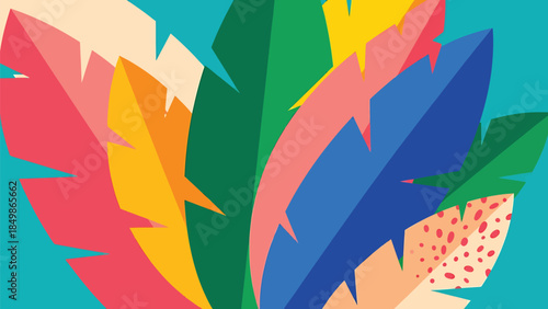 Vibrant abstract tropical leaves flat vector illustration on a bright blue background, showcasing a diverse array of colorful botanic shapes and textures
