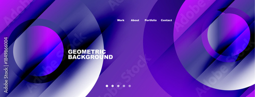 Abstract purple design features flowing shapes, text elements, navigation menu. Modern, dynamic visual presentation.