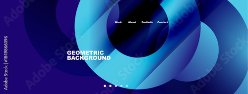 Abstract geometric background features layered blue shapes. Text includes Geometric Background, navigation options work, about, portfolio, contact. Dots indicate sections.