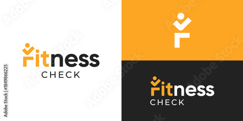 Creative simple wordmark fitness check logo template. Letter F as human person with checkmark symbol logo design vector illustration.