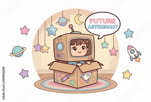 A cute kawaii sticker of a boy playing in a cardboard box spaceship dreaming of space with a "Future Astronaut" speech bubble