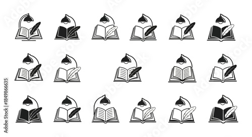 Conceptual learning icons depicting open books quill pens and desk lamps, signifying wisdom