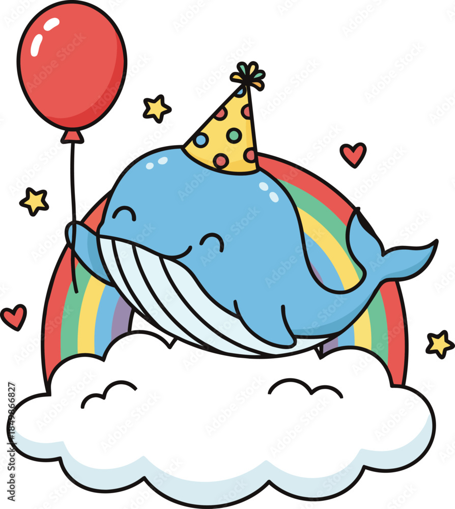 Fototapeta premium Birthday Whale Illustration | Kawaii Blue Whale with Rainbow and Balloon Sticker Vector