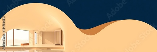 Futuristic organic architecture resembling a sand dune, with large glass windows and an open interior space.