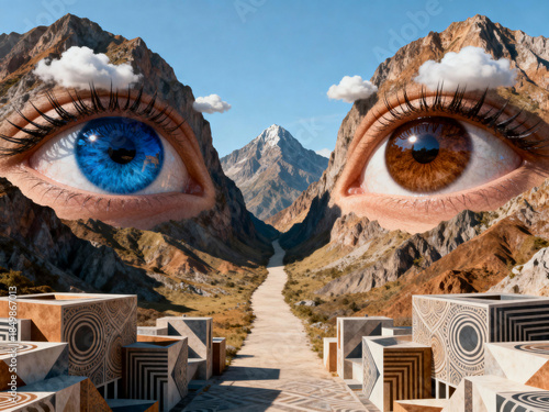 Surreal mountain landscape with giant human eyes and geometric cubes