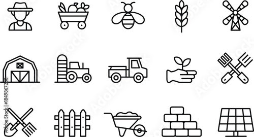 Black line icon set of agriculture and farming elements featuring tractor, barn, windmill, farmer, honeybee, garden tools, and solar energy.
