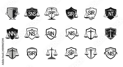 Collection of law firm and legal service logos showcasing justice scales and shield concepts