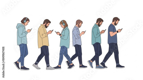 Young adults walking together while using digital devices
