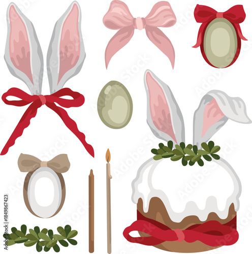 Hand-drawn Easter collection with Easter cake, candles and dyed eggs, bows and bunny ears