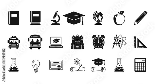 Comprehensive collection of black and white school and education icons set flat design