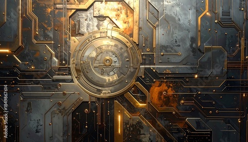 A detailed close-up of metallic panels, various geometric patterns. Gold and rust colors blend. Metallic circle is the main focus