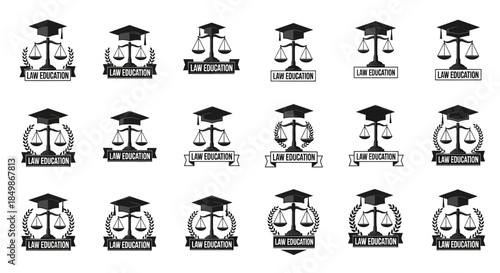 Intricate law education symbols blending justice, graduation, and professional legal training