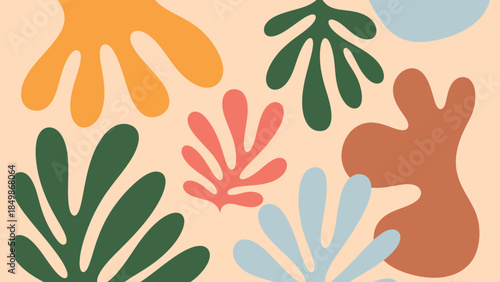 Flat vector abstract organic shapes in pastel colors on a soft peach background