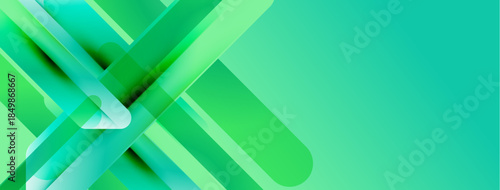 Abstract geometric shapes overlap, creating vibrant green gradients. Modern design suggests technology, innovation, future concepts. Clean aesthetic.