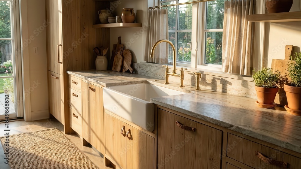 Fototapeta premium Bright and airy kitchen interior featuring wooden cabinetry, a farmhouse sink, golden fixtures, and natural light streaming through windows, creating a warm and inviting cooking space with modern desi
