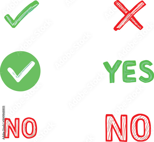 Affirmation and negation icon set with check marks, X symbols, and YES/NO text in green and red