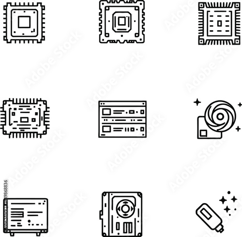 Computer hardware icon set with microchips, HDDs, server, USB, and motherboard in black-and-white outline style