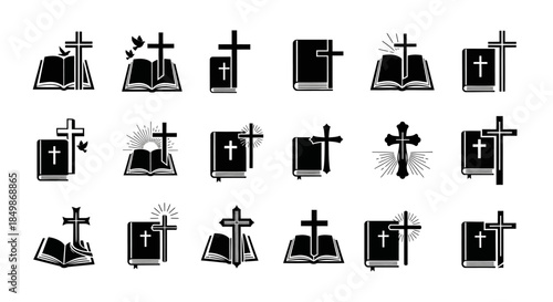 Collection of Christian Symbols Featuring Books and Crosses in Minimalist Black and White Design