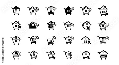 Collection of home purchase vector icons with click pointers for real estate platforms