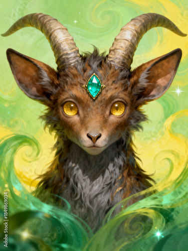 Mythical horned creature portrait with emerald gem and golden eyes