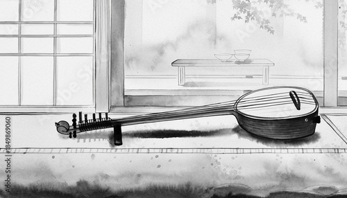 三味線を描いた白黒墨絵の和楽器