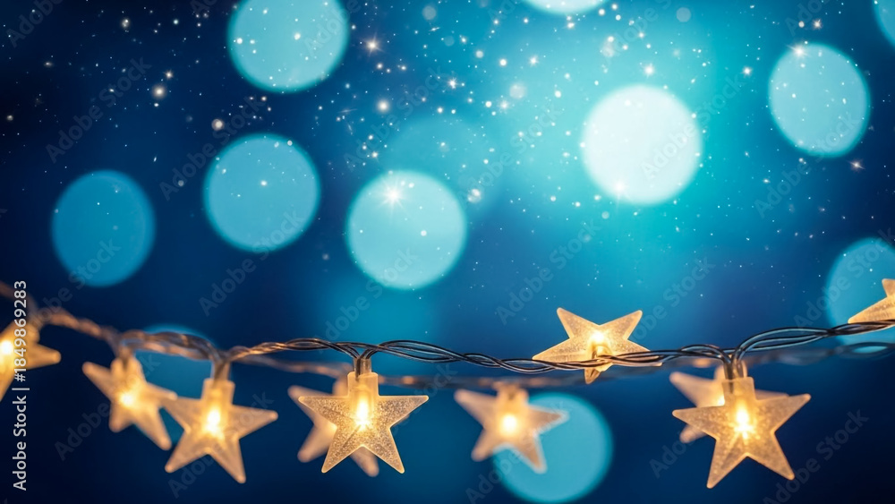 Obraz premium Glowing Star String Lights Against Blue Bokeh Background for Festive Decorations and Celebrations