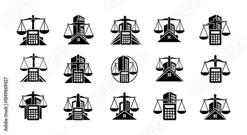 Diverse financial law icons combining scales of justice with calculators and properties