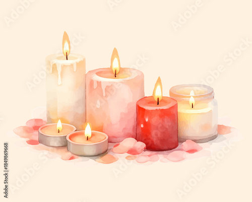 Romantic watercolor candle set with glowing flames and flower petals, cozy decorative illustration in warm pastel tones for valentine, wedding, spa and intimate celebration designs. Vector illustratio