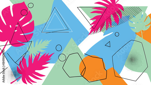Flat vector illustration of colorful abstract shapes and tropical leaves, a vibrant and modern graphic design
