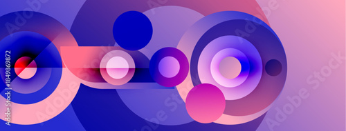 Abstract composition featuring overlapping circles, gradients. Purple, pink, blue hues create dynamic visual effect. Modern design elements present.