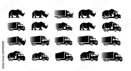 Abstract collection of rhino and transportation icons illustrating strength and speed