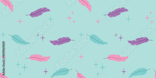 Better Sleep Relaxation Background with Soft Feather Seamless Pattern. Soft Pastel Feathers Seamless Pattern with Light Sparkles and Airy Background