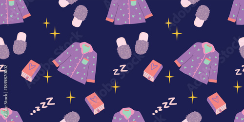 Children Bedtime Relaxation Illustration with Cozy Sleepwear. Cozy Winter Sleepwear Seamless Pattern with Pajamas, slippers and Night Stars