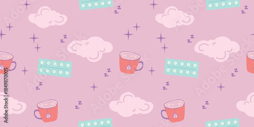 Night Wellness Seamless Pattern with Tea Cups, Pills, Clouds and Relax Symbols. Insomnia and Better Sleep Concept with Evening Tea and Night Wellness Pattern