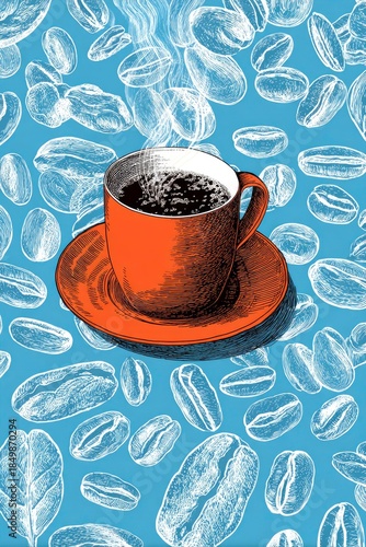 Steaming cup on saucer with coffee bean background