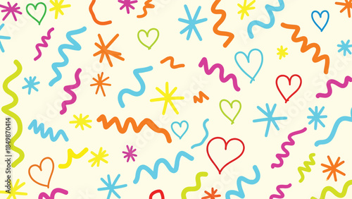 Abstract flat vector pattern with colorful whimsical shapes and doodles on a light background