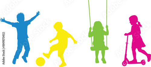 Children playing outdoors, active kids silhouette, swing and scooter fun, colorful vector illustration, childhood recreation, summer activity, happy movement, vibrant youth energy
