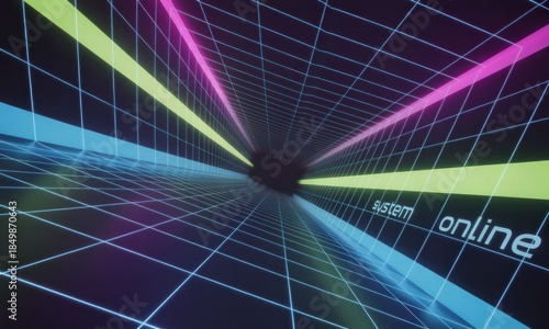 80s-style grid tunnel with neon colors converging toward a vanishing point