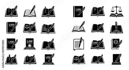 Conceptual legal icons depicting documents and records being revised for law implementation