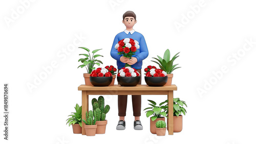 Florist Holding Roses with Plants on Table