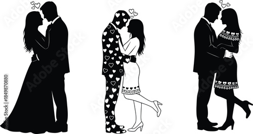 Romantic couple silhouette, love pose illustration, heart symbol vector, affectionate embrace art, black and white design, wedding and valentine theme, emotional connection