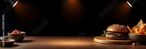 Gourmet burger and golden fries presented on a rustic wooden table with dipping sauces, under dramatic spotlight lighting.
