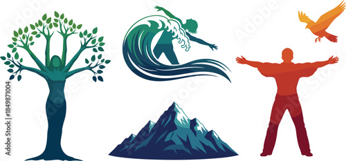 Human nature connection, symbolic vector illustration, tree and wave fusion, bird and mountain harmony, eco themed art, vibrant silhouette design, environmental concept