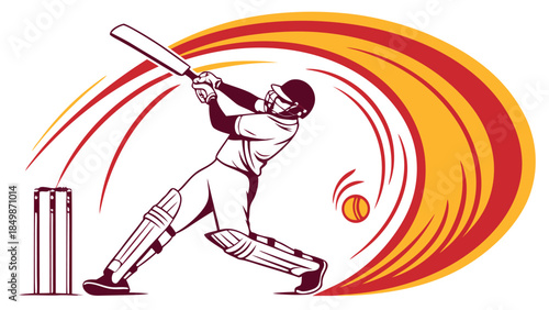 Dynamic Cricket Batsman Hitting Ball. Sport Player in Action with Motion Swirl. Game & Competition.